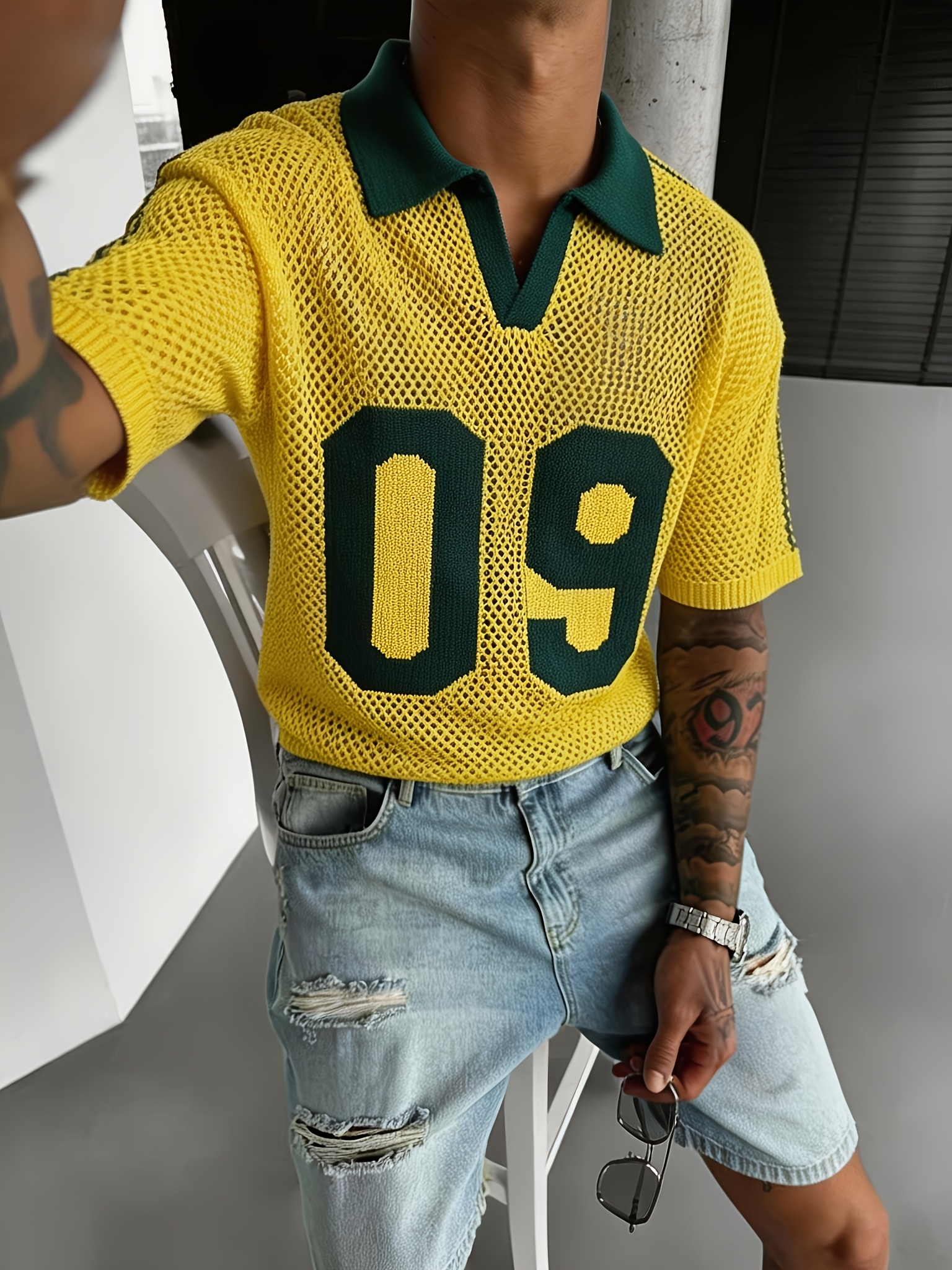summer new fashion trendy athletic men's knit short sleeve, casual athletic style jersey digital hollow out contrast polo collar men's knit pullover sweater, office school commute viewing sports wear summer new fashion trendy athletic men's knit short sleeve, casual athletic style jersey digital hollow out contrast polo collar men's knit pullover sweater, office school commute viewing sports wear