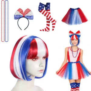 1/2/3/5pcs independence day red white blue wig skirt accessory set, patriotic women's dressing additions, ballet short skirt, striped long socks and gloves, american flag headband, star tight long socks, women's independence day, halloween