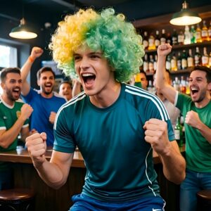 yellow green color football fan wig, 6 inch fluffy hair, suitable for football matches, parties, events, international festivals, carnivals, lightweight and easy to wear, unisex costume wig, designed wig, football cheerleader wig, national themed
