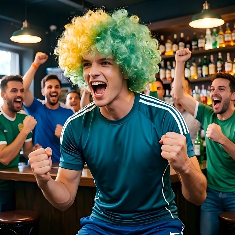 yellow green color football fan wig, 6 inch fluffy hair, suitable for football matches, parties, events, international festivals, carnivals, lightweight and easy to wear, unisex costume wig, designed wig, football cheerleader wig, national themed yellow green color football fan wig, 6 inch fluffy hair, suitable for football matches, parties, events, international festivals, carnivals, lightweight and easy to wear, unisex costume wig, designed wig, football cheerleader wig, national themed