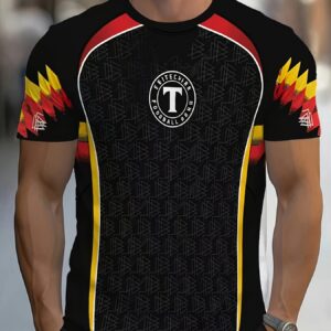 black, red, and yellow spliced german team vintage print t shirt team crest + contrast color block line design breathable mesh fabric short sleeve lightweight summer top, suitable for european and american men's fashion comfortable