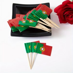 100pcs of mini portugal flag toothpicks, perfect for labeling food at parties, buffets, cupcakes, pizza toppings, fruit platters, and cheese boards. ideal for appetizers and special occasions, including valentine's day celebrations