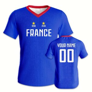 a customizable 2026 national team jersey for les bleus (french national team), featuring the classic blue color scheme. a must have for fans cheering on site. 3d printed v neck, durable, breathable, and quick drying fabric, machine washable.