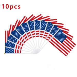 10pcs set of american flags, small hand held miniature flags with plastic flagpoles, 5x8 inches (14x21cm), suitable for parties, parades, sporting events, and patriotic holiday decorations