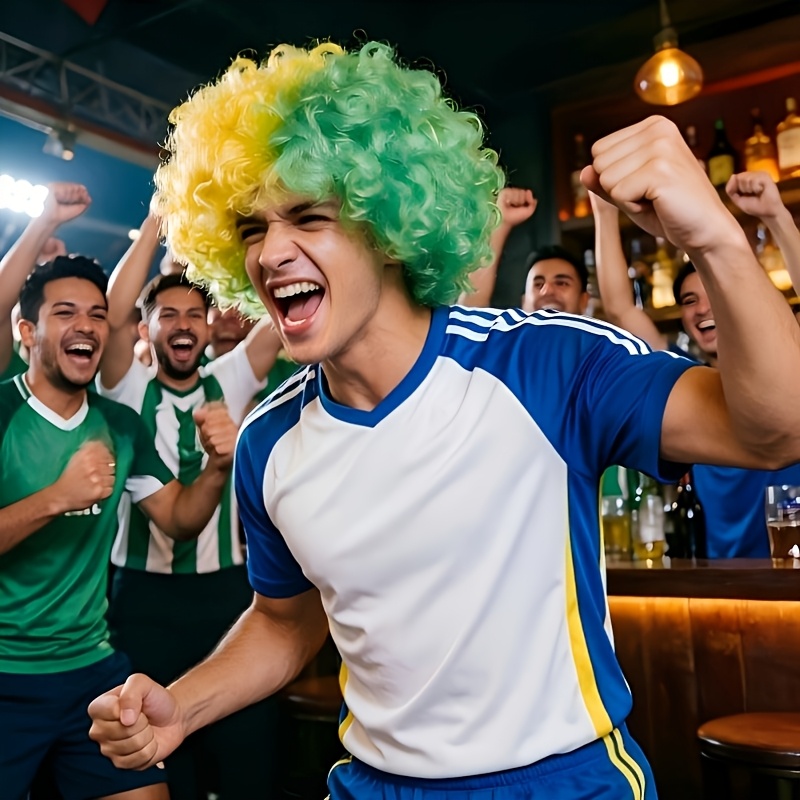 yellow green color football fan wig, 6 inch fluffy hair, suitable for football matches, parties, events, international festivals, carnivals, lightweight and easy to wear, unisex costume wig, designed wig, football cheerleader wig, national themed yellow green color football fan wig, 6 inch fluffy hair, suitable for football matches, parties, events, international festivals, carnivals, lightweight and easy to wear, unisex costume wig, designed wig, football cheerleader wig, national themed