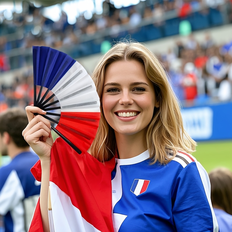 3pcs/5pcs black rod plastic cloth fans with a single sided french flag design, suitable as gifts or souvenirs, home decor, dance props, and easy to open and close 3pcs/5pcs black rod plastic cloth fans with a single sided french flag design, suitable as gifts or souvenirs, home decor, dance props, and easy to open and close