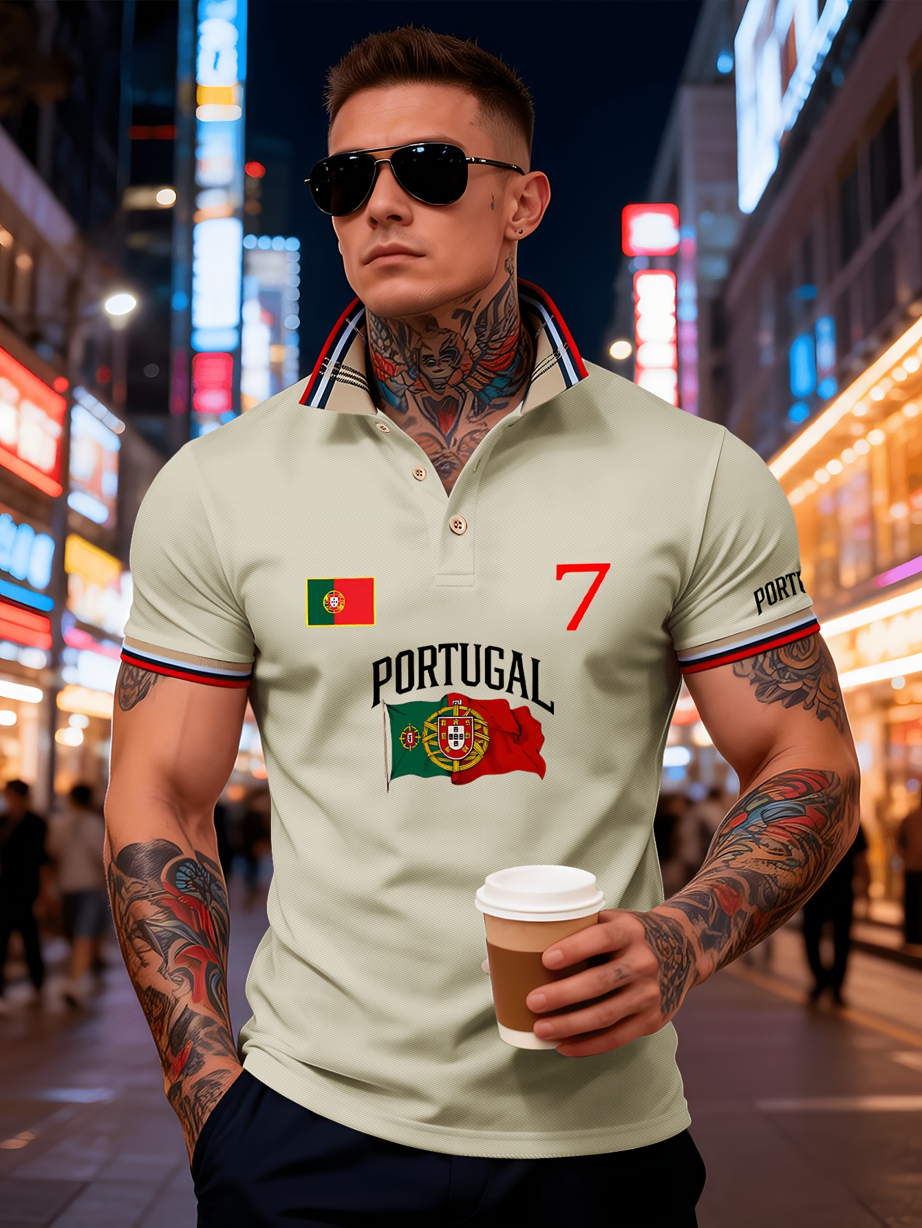 men's polo shirt featuring a classic collar with buttons, a color block design, breathable and comfortable fabric, perfect for lightweight summer outfits. it is adorned with the letters "portugal" and the portuguese flag print, the number "17.78cm men's polo shirt featuring a classic collar with buttons, a color block design, breathable and comfortable fabric, perfect for lightweight summer outfits. it is adorned with the letters "portugal" and the portuguese flag print, the number "17.78cm