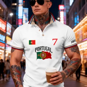 men's polo shirt featuring a classic collar with buttons, a color block design, breathable and comfortable fabric, perfect for lightweight summer outfits. it is adorned with the letters "portugal" and the portuguese flag print, the number "17.78cm