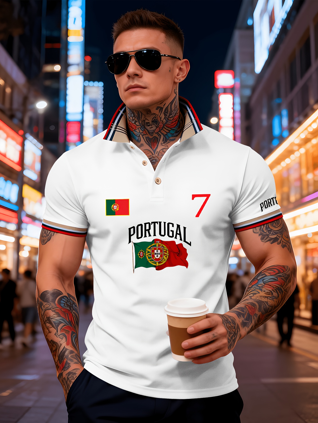 men's polo shirt featuring a classic collar with buttons, a color block design, breathable and comfortable fabric, perfect for lightweight summer outfits. it is adorned with the letters "portugal" and the portuguese flag print, the number "17.78cm men's polo shirt featuring a classic collar with buttons, a color block design, breathable and comfortable fabric, perfect for lightweight summer outfits. it is adorned with the letters "portugal" and the portuguese flag print, the number "17.78cm
