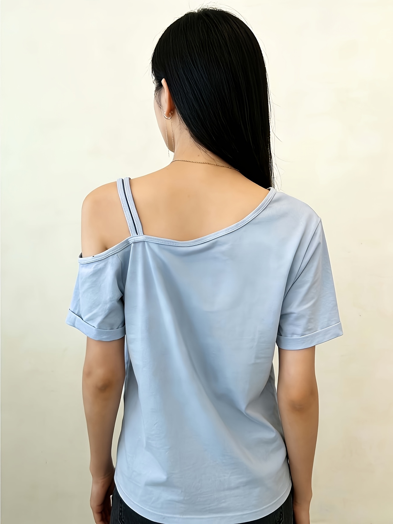 women's fashion creative simple vintage print t shirt, sexy off shoulder thin strap short sleeve t shirt, summer casual shoulder strap design top t shirt, suitable for daily commuting and vacations, stylish and elegant women's clothing women's fashion creative simple vintage print t shirt, sexy off shoulder thin strap short sleeve t shirt, summer casual shoulder strap design top t shirt, suitable for daily commuting and vacations, stylish and elegant women's clothing