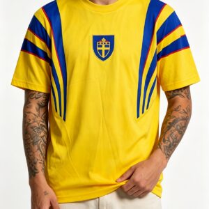 plus size yellow blue patchwork swedish team retro print t shirt contrast line design breathable mesh fabric short sleeve summer lightweight top, suitable for western plus size men's wear comfortable loose machine washable