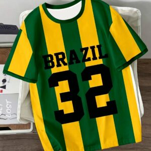 men's brazil themed t shirt with "81.28cm number & brazil lettering breathable crew neck casual shirt, regular fit suitable for daily wear,, gifts for teens & adults, machine washable brazilian apparel