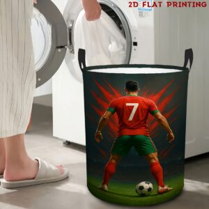 2d flat soccer player laundry basket with handles 2d printed design featuring a red and green soccer theme, durable fabric storage bin suitable for bedrooms, bathrooms, and living rooms an ideal choice for organizing dirty clothes
