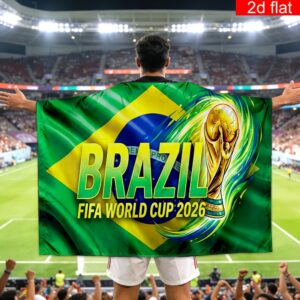 2d flat, 2d flat 2d flat, 2d flat a 2d flat banner, 1pc, for the 2026 fifa world cup in cape style (with sleeves), showcasing the world cup trophy design along with the brazilian flag. made of polyester with bright colors
