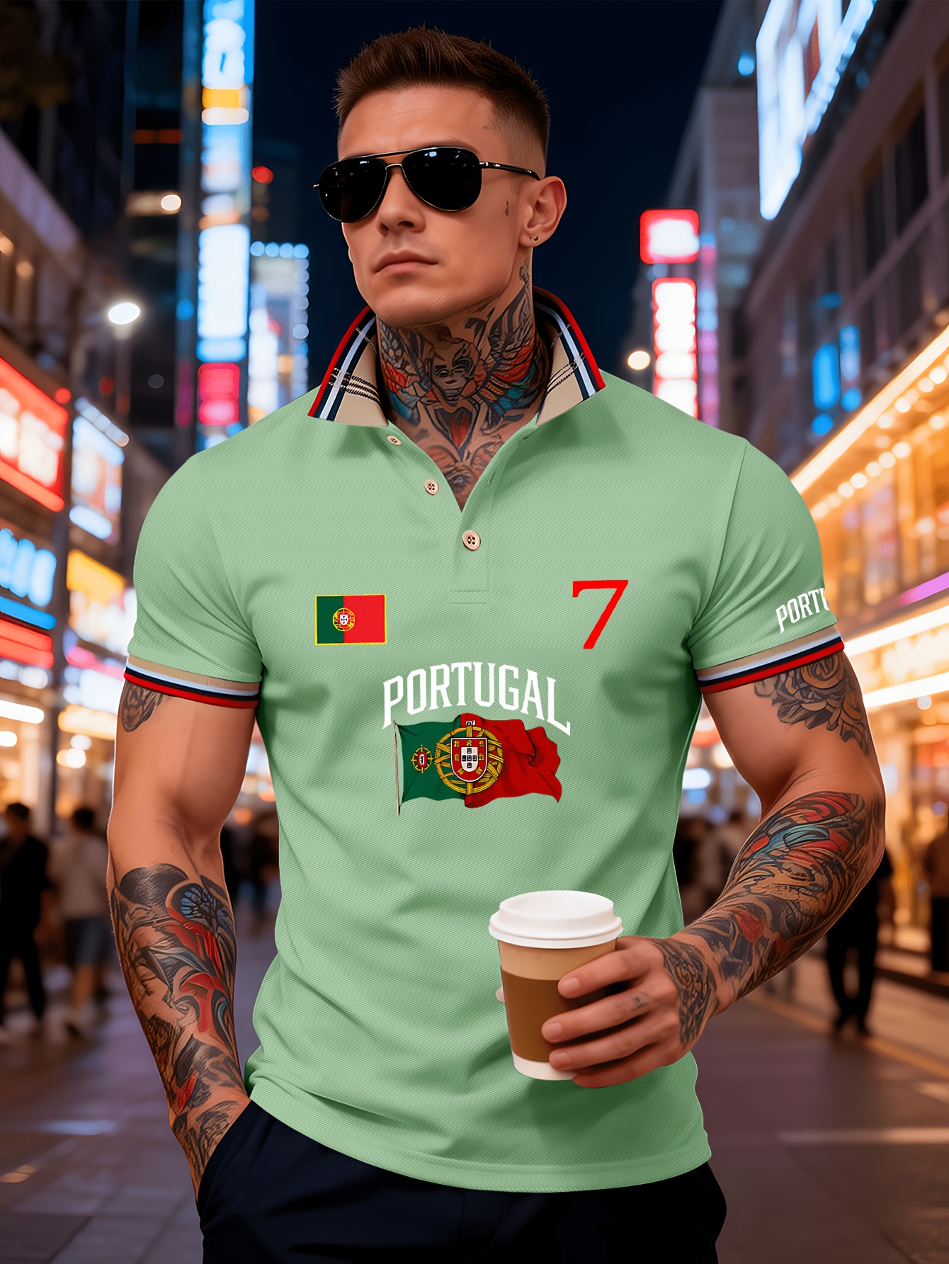men's polo shirt featuring a classic collar with buttons, a color block design, breathable and comfortable fabric, perfect for lightweight summer outfits. it is adorned with the letters "portugal" and the portuguese flag print, the number "17.78cm men's polo shirt featuring a classic collar with buttons, a color block design, breathable and comfortable fabric, perfect for lightweight summer outfits. it is adorned with the letters "portugal" and the portuguese flag print, the number "17.78cm