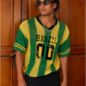 men's summer striped contrast knit top, number and english design, suitable for athletic style, athletic shirt
