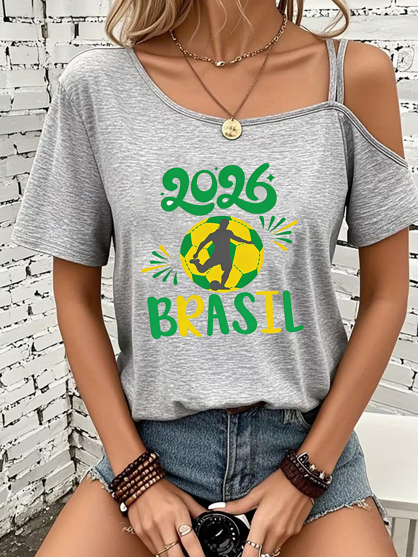 women's fashion creative simple vintage print t shirt, sexy off shoulder thin strap short sleeve t shirt, summer casual shoulder strap design top t shirt, suitable for daily commuting and vacations, stylish and elegant women's clothing women's fashion creative simple vintage print t shirt, sexy off shoulder thin strap short sleeve t shirt, summer casual shoulder strap design top t shirt, suitable for daily commuting and vacations, stylish and elegant women's clothing