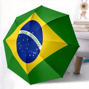 portable folding umbrella featuring the brazil flag and the phrase 'order and progress' perfect for travel and outdoor activities, making it an ideal gift for festivals