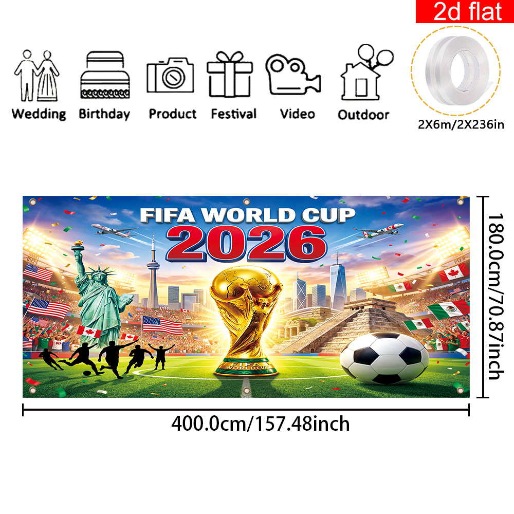 2d flat, 2d flat banner, 1pc, 2026 usa canada mexico fifa world cup backdrop large garage party banner,, featuring stadium, host country landmarks, and the world cup trophy background design; suitable for world cup party decorations., 2d flat 2d flat, 2d flat banner, 1pc, 2026 usa canada mexico fifa world cup backdrop large garage party banner,, featuring stadium, host country landmarks, and the world cup trophy background design; suitable for world cup party decorations., 2d flat