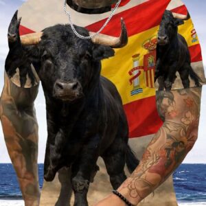 men's spanish flag & bull graphic t shirt breathable polyester short sleeve tee with spanish national, round neck casual shirt suitable for daily wear, outdoor activities, year round for spanish themed outfits
