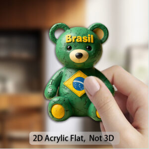 1pc brazilian teddy bear magnet suitable for /stamp collectors, vintage green bear with brazilian flag emblem (br), distressed acrylic fridge magnets for coin & stamp display, brazilian themed gift for or decor, 2d flat