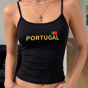 women's solid color camisole with portugal flag + letter print, sexy slim fit thin strap mini camisole, hot, women's casual fashion solid color camisole, y2k style for home and outing wear, suitable for spring and summer, soft and comfortable fabric