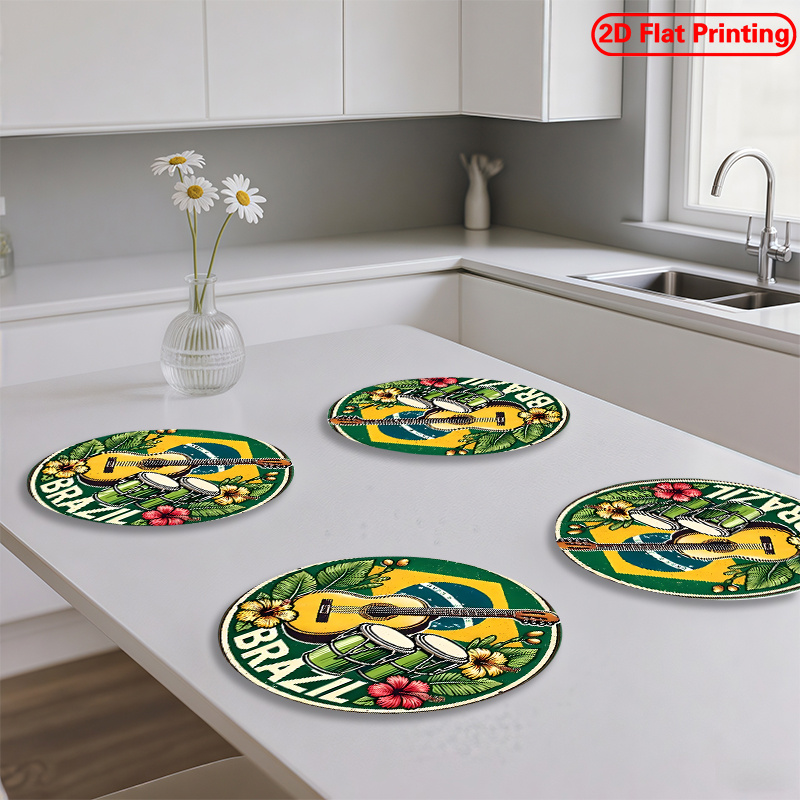 2d flat printing placemats 4pcs ode to brazilian music theme design pattern round placemats 38.1x38.1 cm non slip heat resistant polyester table mats, machine washable, suitable for restaurants, kitchens, home decor, halloween, christmas, 2d flat 2d flat printing placemats 4pcs ode to brazilian music theme design pattern round placemats 38.1x38.1 cm non slip heat resistant polyester table mats, machine washable, suitable for restaurants, kitchens, home decor, halloween, christmas, 2d flat