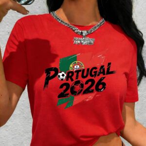 sporty style, portugal 2026 football flag print, versatile round neck t shirt, loose fit for summer outdoor activities, women's short sleeves for commuting #play#home#american retro