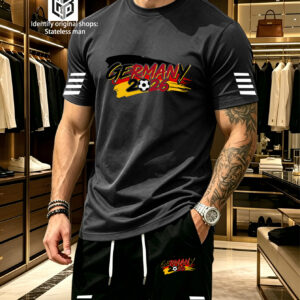 2pcs men's summer quick dry breathable casual set, drawstring design with pockets, striped cuff detail, german 2026 football theme print, fashion athletic style, suitable for running, fitness, and jogging, multi color options, comfortable home wear