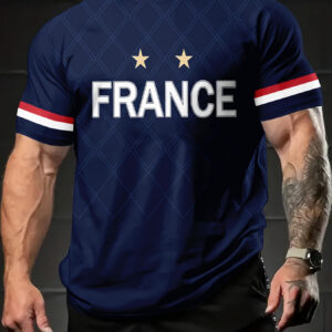 [printed design – not textured] french national team two star fan t shirt, men's navy plaid short sleeve, soccer fan support casual top