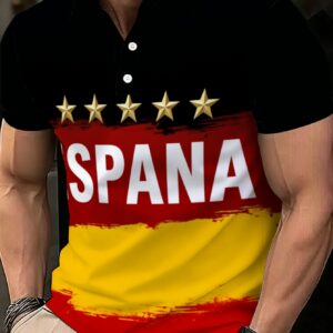 [printed design not textured] men's casual polo shirt spain flag design 100 polyester lightweight durable wear for restaurant lounge outdoor activities red yellow black color comfortable breathable sporty style