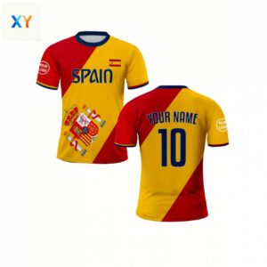 custom soccer jersey inspired by the spain national team, personalized with name and number, featuring a yellow to red gradient, suitable for team competitions and training, available for adults and youth