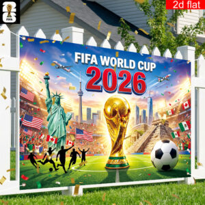 2d flat, 2d flat banner, 1pc, 2026 usa canada mexico fifa world cup backdrop large garage party banner,, featuring stadium, host country landmarks, and the world cup trophy background design; suitable for world cup party decorations., 2d flat