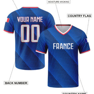 personalized blue soccer jersey for men featuring the french national flag, designed for comfort and style. this breathable short sleeve tee makes a perfect gift for fans, husbands, or brothers who enjoy outdoor soccer games