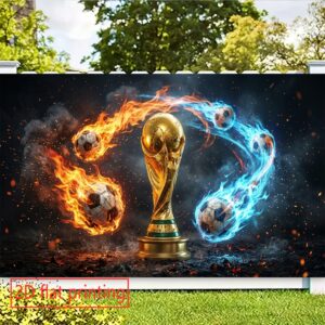 2d flat, 1pc fifa 2026 world cup banner suitable for sports events, parties, weddings dynamic flame & ice effects with golden trophy & fiery soccer balls on dark smoky background indoor/outdoor decoration for world cup parties, celebrations