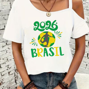 women's fashion creative simple vintage print t shirt, sexy off shoulder thin strap short sleeve t shirt, summer casual shoulder strap design top t shirt, suitable for daily commuting and vacations, stylish and elegant women's clothing