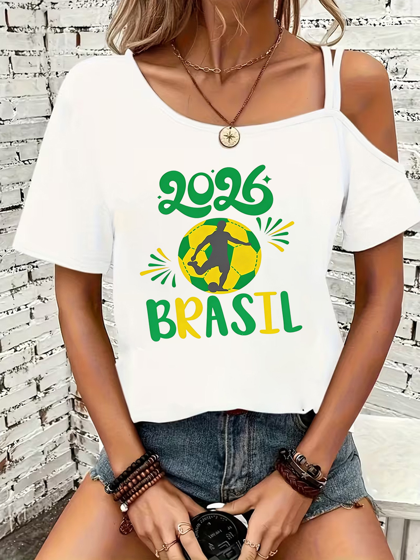 women's fashion creative simple vintage print t shirt, sexy off shoulder thin strap short sleeve t shirt, summer casual shoulder strap design top t shirt, suitable for daily commuting and vacations, stylish and elegant women's clothing women's fashion creative simple vintage print t shirt, sexy off shoulder thin strap short sleeve t shirt, summer casual shoulder strap design top t shirt, suitable for daily commuting and vacations, stylish and elegant women's clothing
