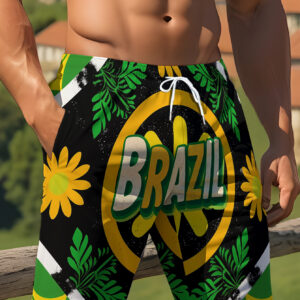 men's brazilian themed swim trunks, featuring a black base with yellow and green floral lettering, offering a vibrant design