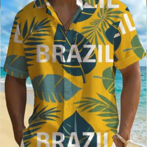 [printed design nottextured]embroidery/sequins no accessories not jean men's colorful tropical pattern short sleeve shirt, boldly printed with word brazil lightweight casual summer clothing, suitable beach and weekend activities, washable, standard