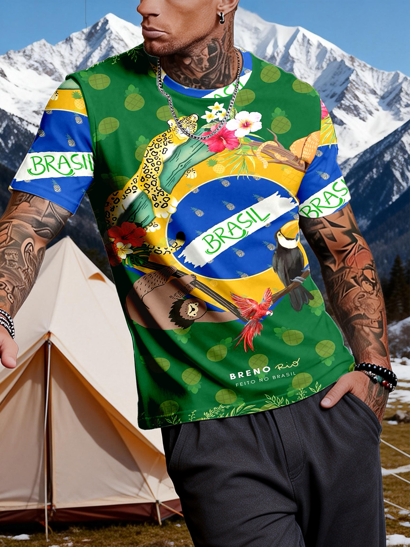 1pc brazilian tropical green leaf animal print breathable soft crew neck short sleeve t shirt, suitable for daily and outdoor activities all season casual style, a must have for fishing enthusiasts, playful and comfortable design 1pc brazilian tropical green leaf animal print breathable soft crew neck short sleeve t shirt, suitable for daily and outdoor activities all season casual style, a must have for fishing enthusiasts, playful and comfortable design
