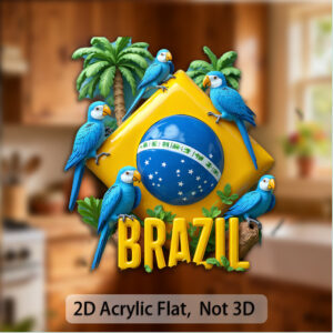 1pc 2d flat magnet, made of acrylic and rubber, featuring a vibrant brazilian coat of arms. this colorful cartoon national emblem includes a blue parrot and tropical palm tree, an ideal souvenir for travel enthusiasts and brazilian fans