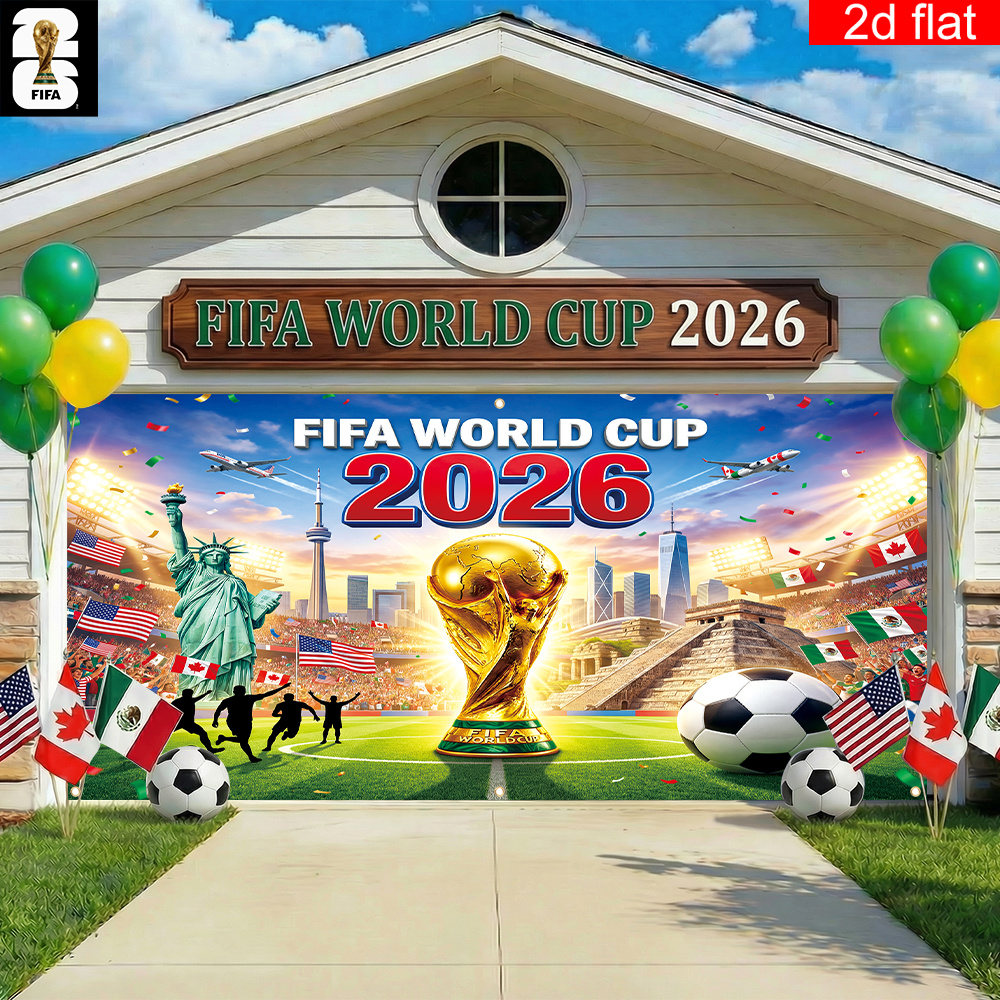 2d flat, 2d flat banner, 1pc, 2026 usa canada mexico fifa world cup backdrop large garage party banner,, featuring stadium, host country landmarks, and the world cup trophy background design; suitable for world cup party decorations., 2d flat 2d flat, 2d flat banner, 1pc, 2026 usa canada mexico fifa world cup backdrop large garage party banner,, featuring stadium, host country landmarks, and the world cup trophy background design; suitable for world cup party decorations., 2d flat