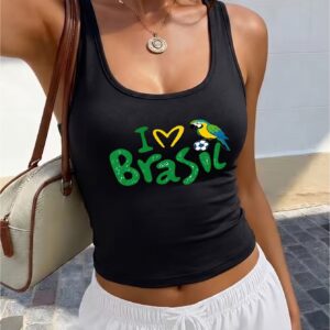 women's solid color tank top with fun "i love brasil" brazilian parrot and soccer print, fit cropped sleeveless top. a casual and fashionable solid color tank top in y2k style, suitable for both home and outings. ideal for spring and summer seasons