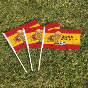 2026 world cup fan cheer handheld banner, my 4.20, featuring spanish flag, world cup trophy, and soccer wave patterns, soccer game fan celebration banner, party decoration banner, festive occasion holiday design, vibrant colors, handheld rod
