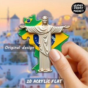 2d flat, one brazil map and christ the redeemer fridge magnet 8.0cm vibrant acrylic magnet with rio de janeiro landmarks and brazilian flag kitchen decoration, travel souvenir, christmas/easter gift suitable for brazil lovers, home decoration