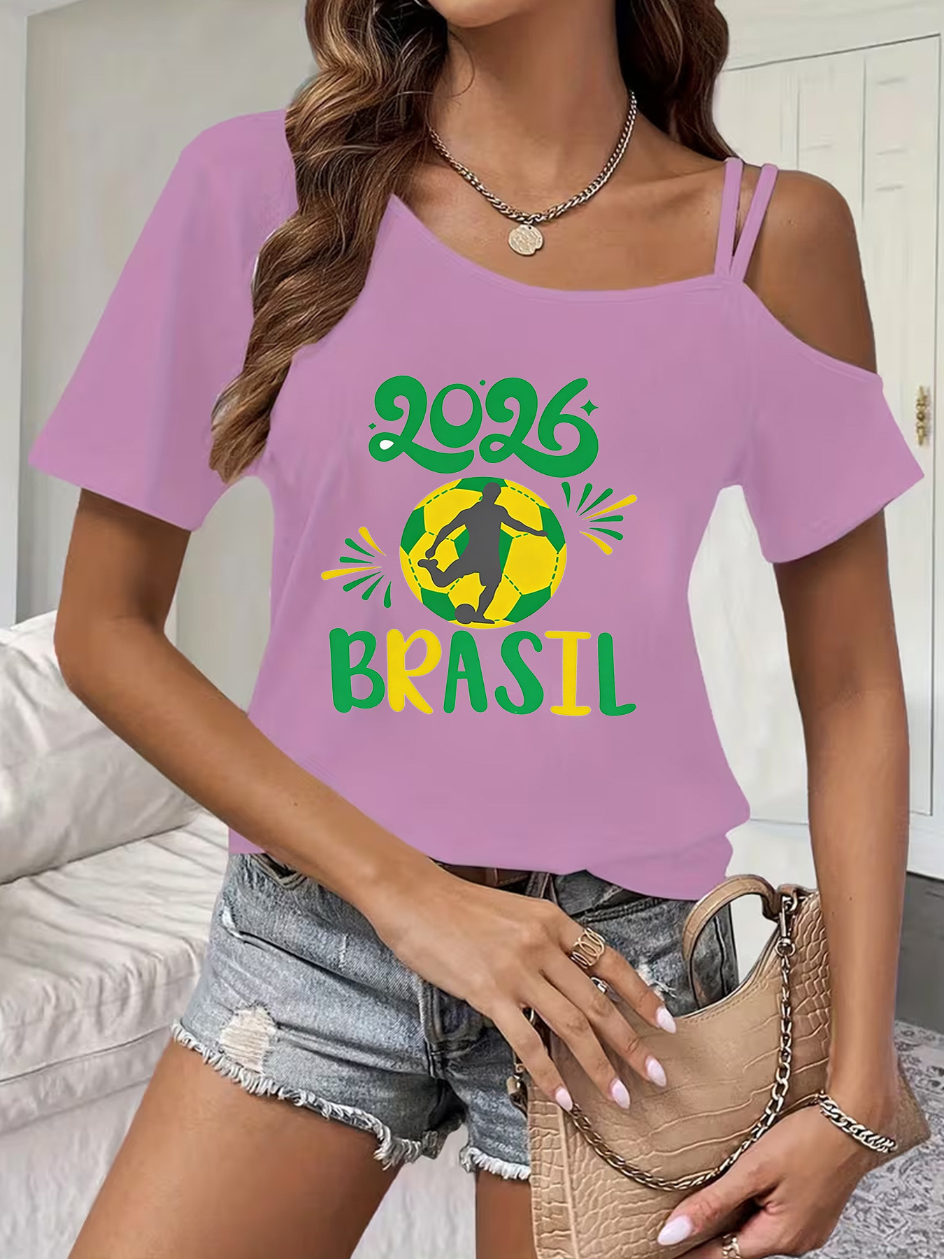 women's fashion creative simple vintage print t shirt, sexy off shoulder thin strap short sleeve t shirt, summer casual shoulder strap design top t shirt, suitable for daily commuting and vacations, stylish and elegant women's clothing women's fashion creative simple vintage print t shirt, sexy off shoulder thin strap short sleeve t shirt, summer casual shoulder strap design top t shirt, suitable for daily commuting and vacations, stylish and elegant women's clothing