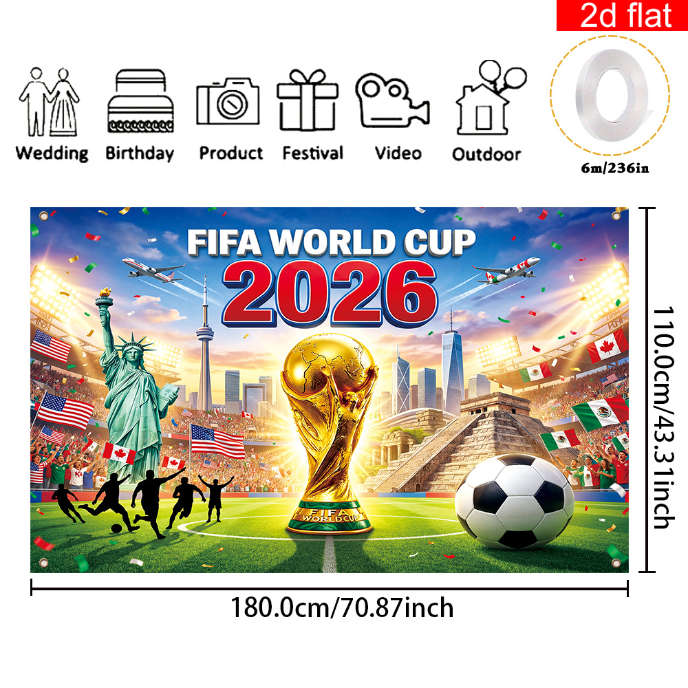 2d flat, 2d flat banner, 1pc, 2026 usa canada mexico fifa world cup backdrop large garage party banner,, featuring stadium, host country landmarks, and the world cup trophy background design; suitable for world cup party decorations., 2d flat 2d flat, 2d flat banner, 1pc, 2026 usa canada mexico fifa world cup backdrop large garage party banner,, featuring stadium, host country landmarks, and the world cup trophy background design; suitable for world cup party decorations., 2d flat