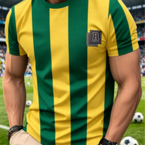 men's all over print brazil color block striped graphic t shirt, casual sport tee