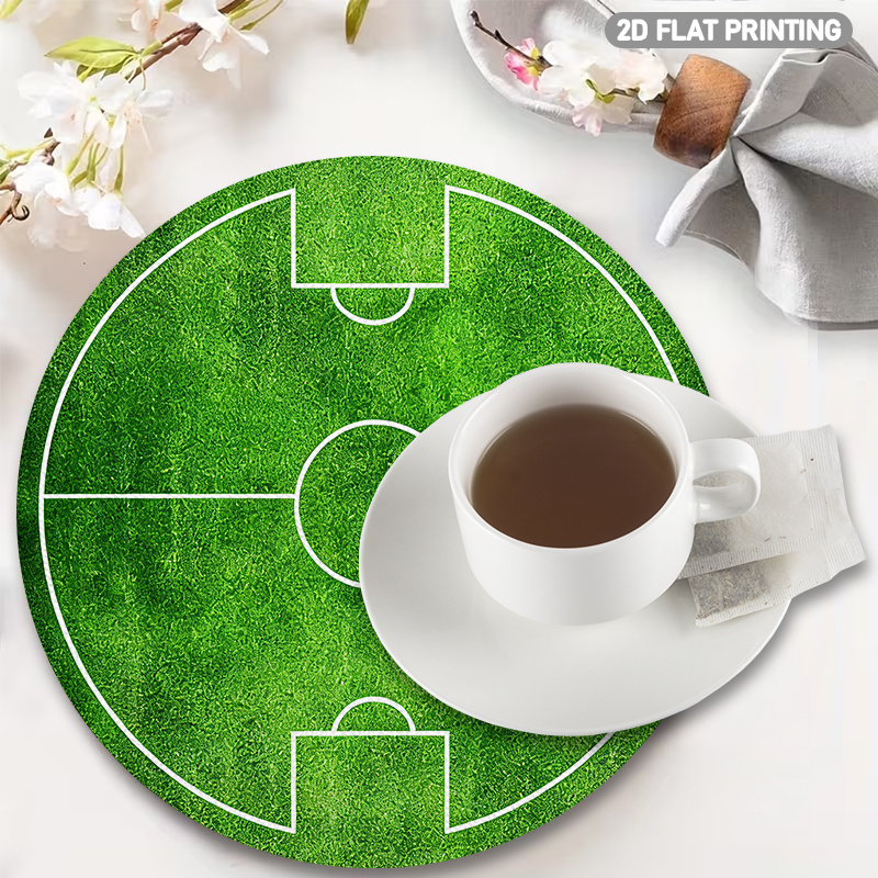 4/6pcs set, round placemats with soccer field pattern, featuring green grass texture and white line design. suitable for sports themed decor, tablecloth placement decoration, children's room decor, and event venue decoration. 2d flat design, 38.1 cm 4/6pcs set, round placemats with soccer field pattern, featuring green grass texture and white line design. suitable for sports themed decor, tablecloth placement decoration, children's room decor, and event venue decoration. 2d flat design, 38.1 cm