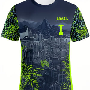 short sleeve t shirt, navy blue, brazilian cityscape and tropical leaves print, casual style